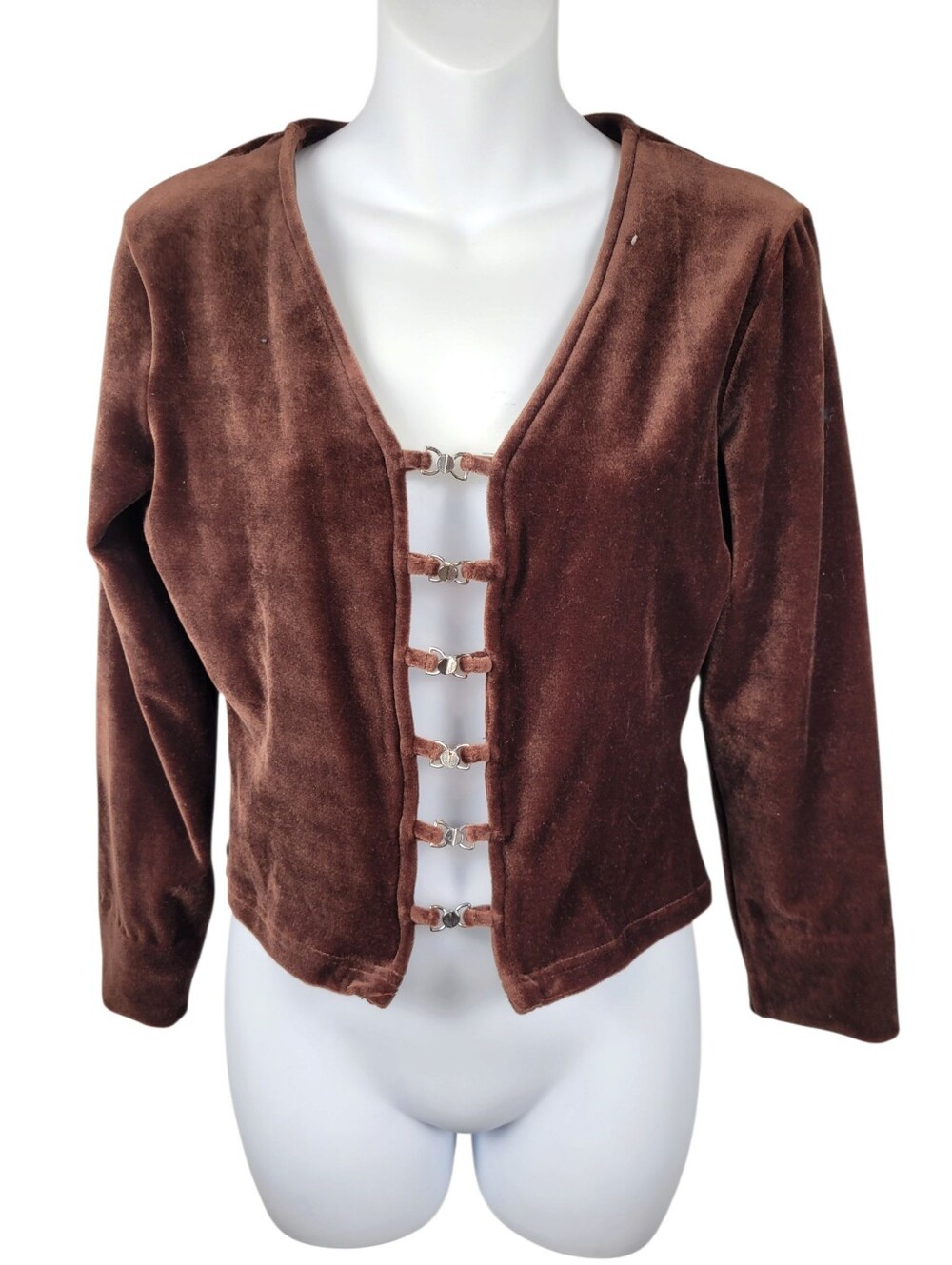 2/$20 Y2K Brown Velet Silver Buckle Cardigan Blouse Made in Canada Size: Small